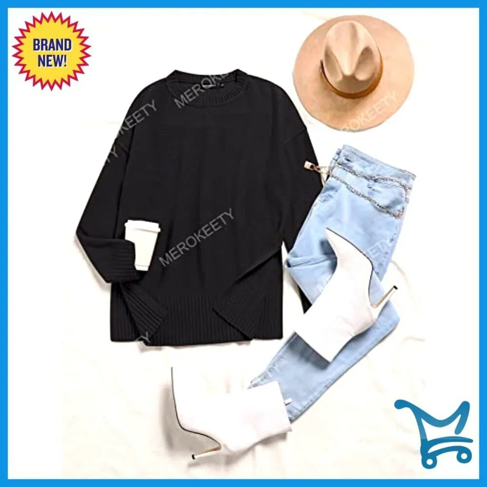 Oversized Pullover Sweater Tunic Length Side Split Casual Loose Fit
